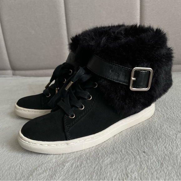 JLO JENNIFER LOPEZ BLACK FAUX SUEDE FAUX FUR CUFF HI-TOP SNEAKERS size 7.5M - Picture 10 of 10